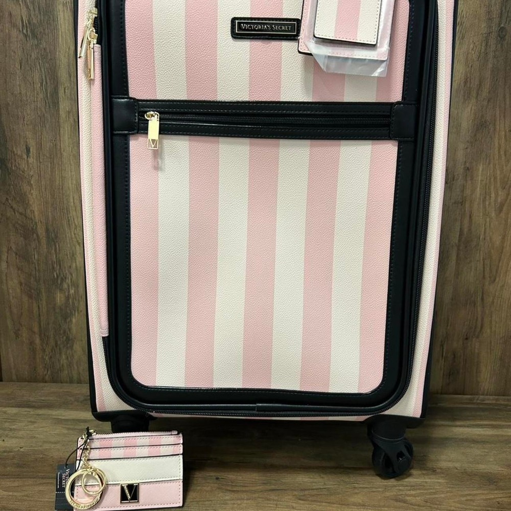 Victoria's Secret pink striped luggage and card holder keychain set